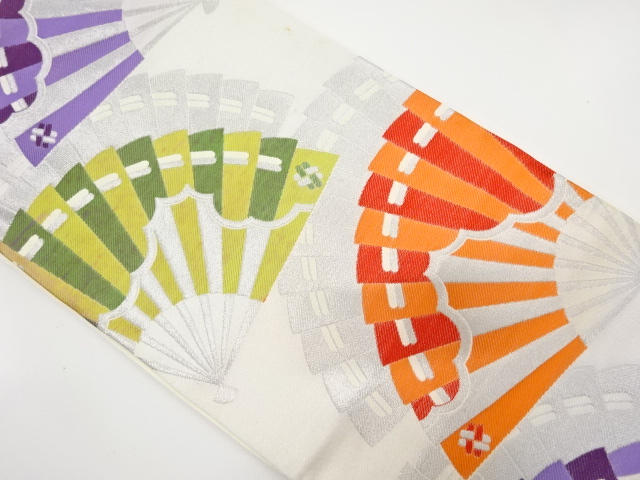 JAPANESE KIMONO / ANTIQUE FUKURO OBI / WOVEN FOLDING FAN PATTERN